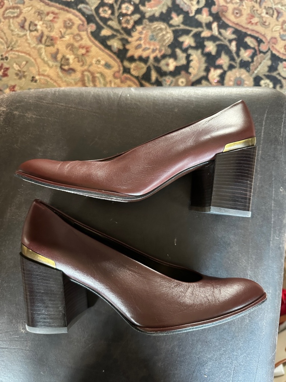 Stuart Weitzman Dark Brown Leather Block Heel Pumps with Gold Accent